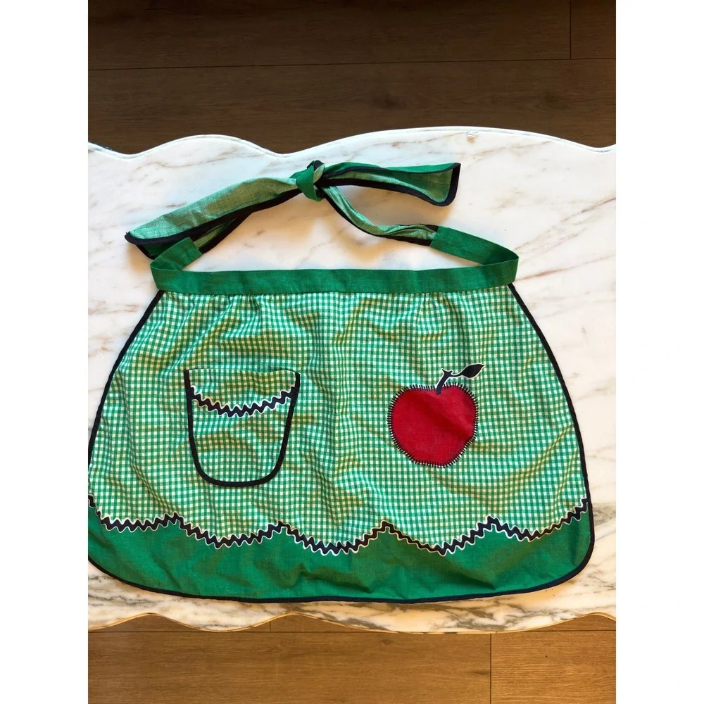 Vintage Green Gingham Half Apron Apple Cottagecore Retro Kitchen